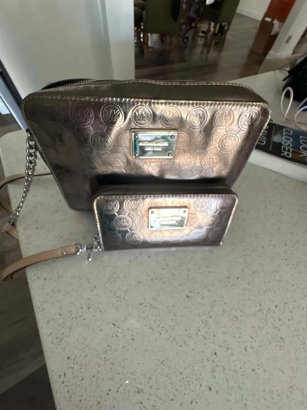 Michael Kors Metallic Logo Print Crossbody Bag and Matching Wallet Set